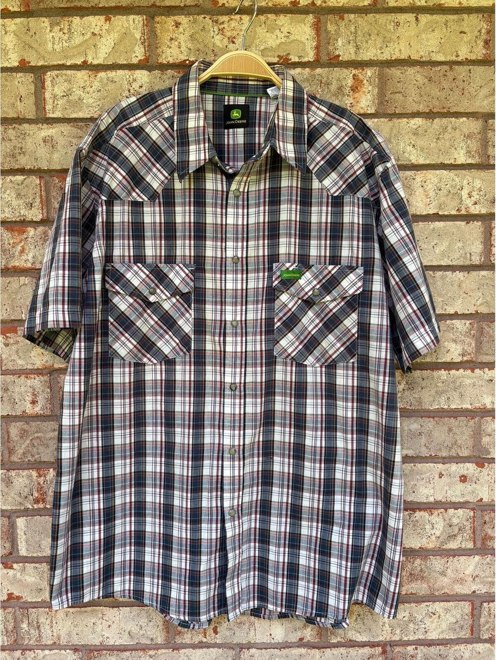 John Deere Pearl Snap Red Plaid Mens Shirt Short Sleeve